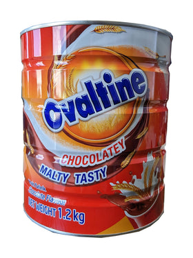 Ovaltine front tin view highlights classic malt chocolate flavor for family rituals.