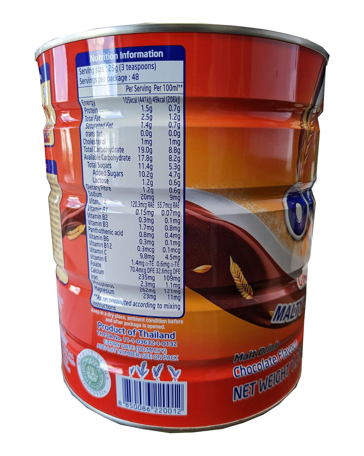 Ovaltine label close-up notes Thailand origin and malt sweetness.