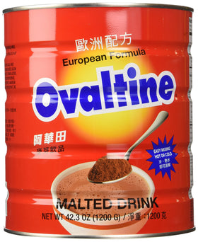 Ovaltine 1200g serving cup demonstrates versatile use with milk or hot water