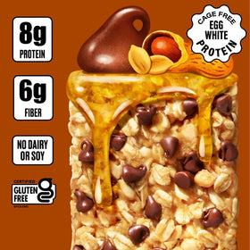 Over Easy ingredients close-up, wholesome oats and peanut butter flavors.