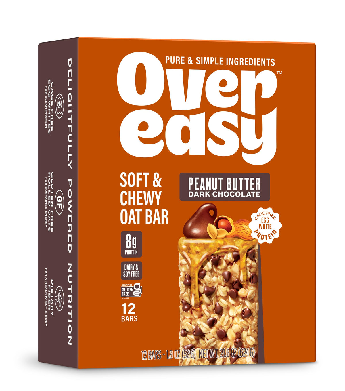 Over Easy peanut butter dark chocolate bar pack showing soft, chewy texture for on-the-go breakfasts.