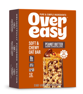 Over Easy peanut butter dark chocolate bar pack showing soft, chewy texture for on-the-go breakfasts.