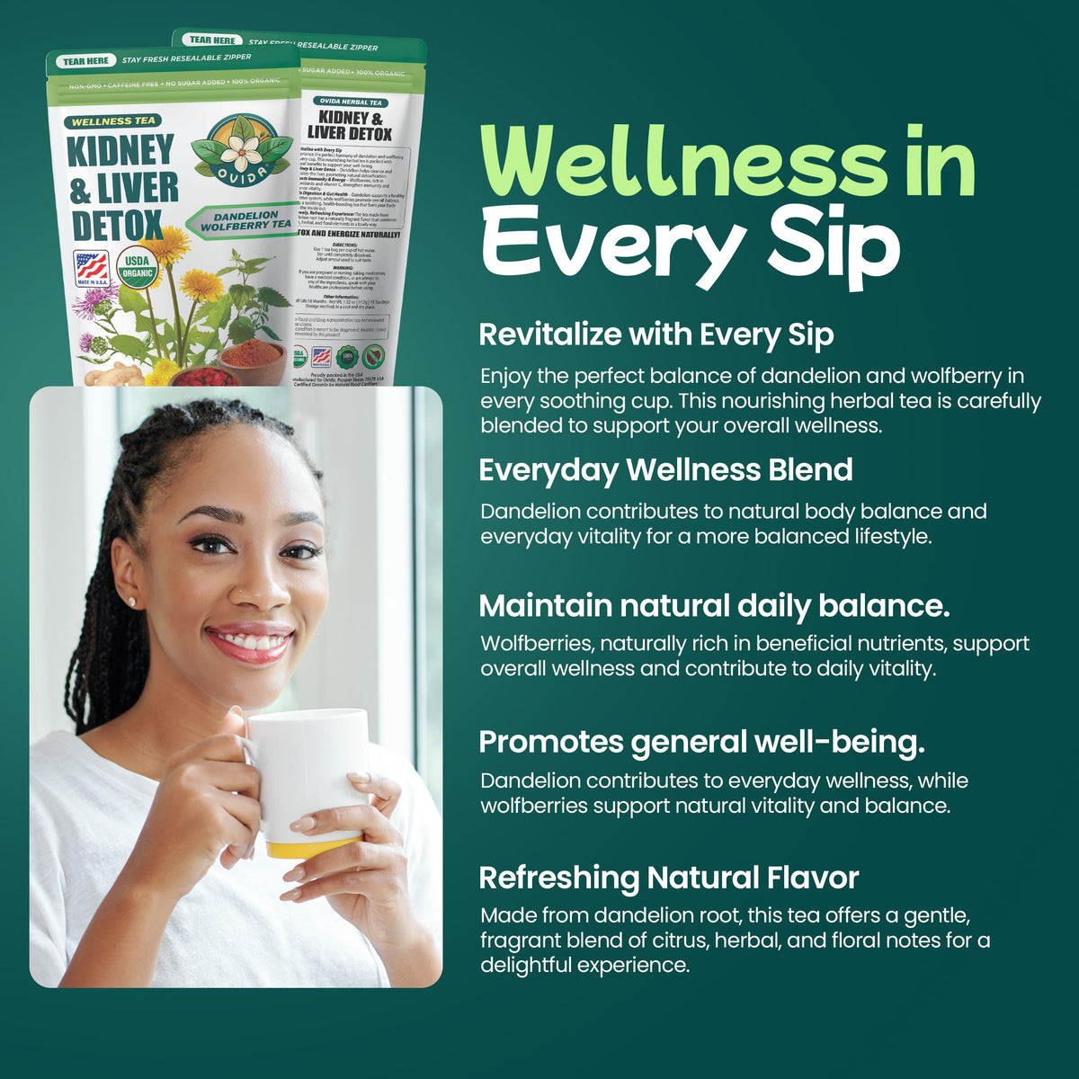 OVIDA Dandelion Wolfberry Tea bright cup evokes soothing daily ritual