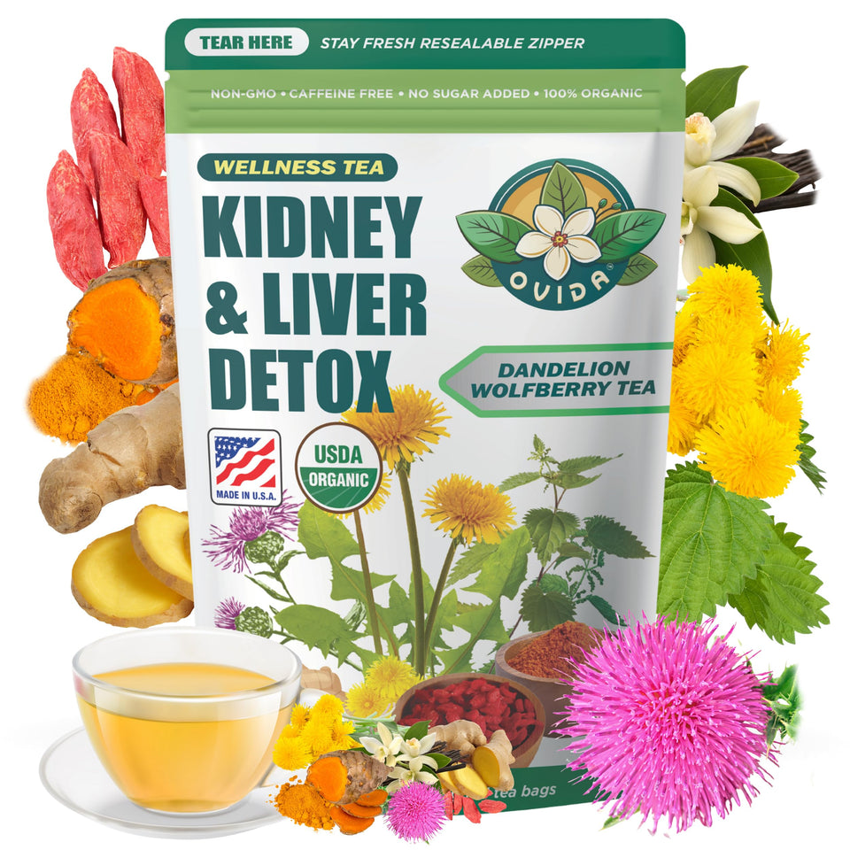 OVIDA Dandelion Wolfberry Tea packaging showcases organic ingredients for daily wellness