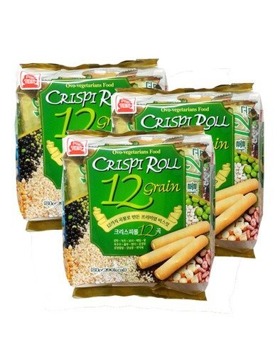 Ovo-Vegetarian Food 12 Grain Crispi Rolls pack shot; crisp texture and convenient 3-pack for snacks