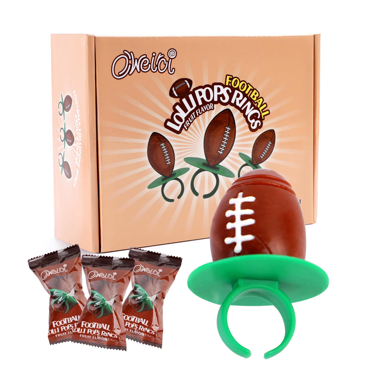 Oweiroi football ring lollipops packaging visible, ideal for on-the-go snacking at tailgates.