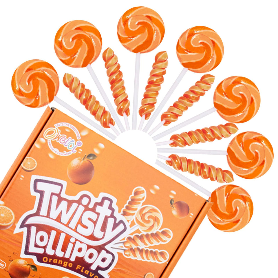 Oweiroi orange twist lollipop closeup, a playful party favorite for kids.