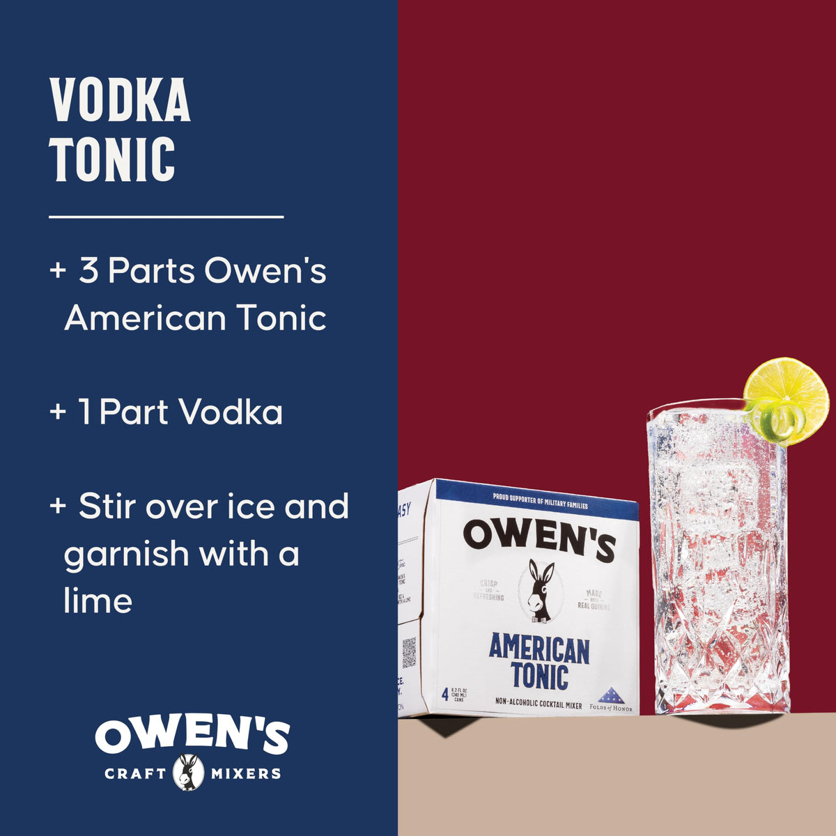 Owen's American Tonic served in a glass over ice showing premium, low-calorie mixing