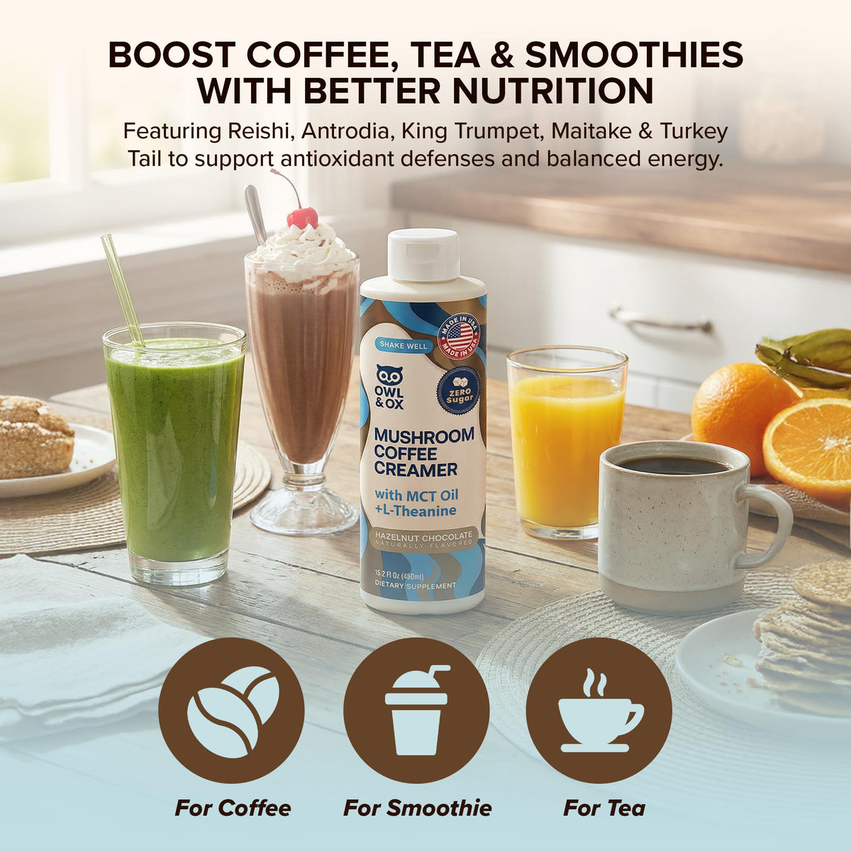Owl & Ox L-Theanine-enhanced creamer for focused alertness.