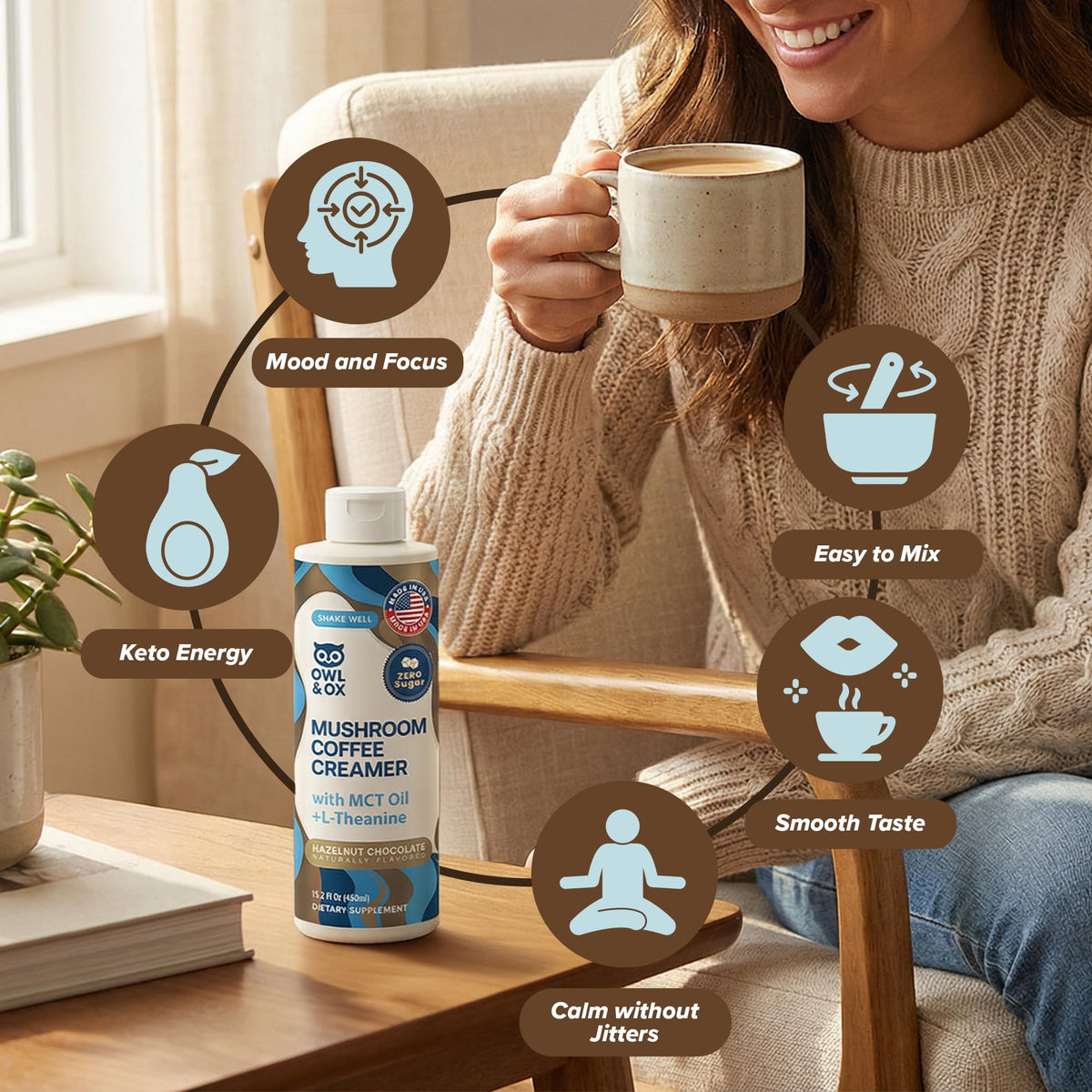 Owl & Ox MCT oil creamer in a squeeze bottle for precise servings.