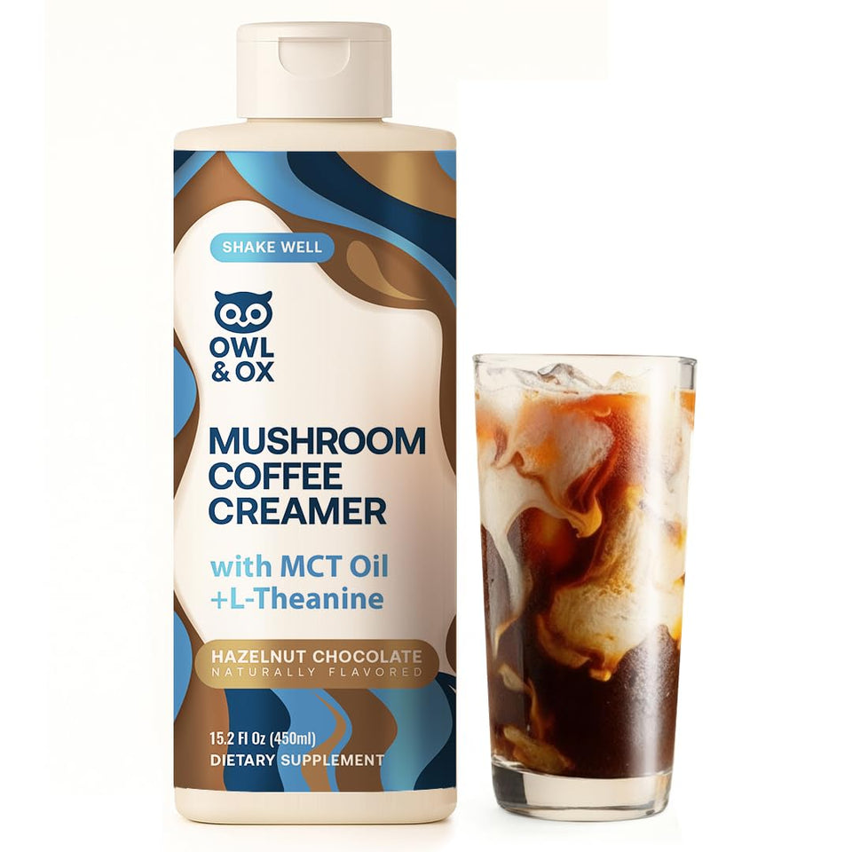 Owl & Ox mushroom coffee creamer for smooth, clump-free mixing in hot coffee.