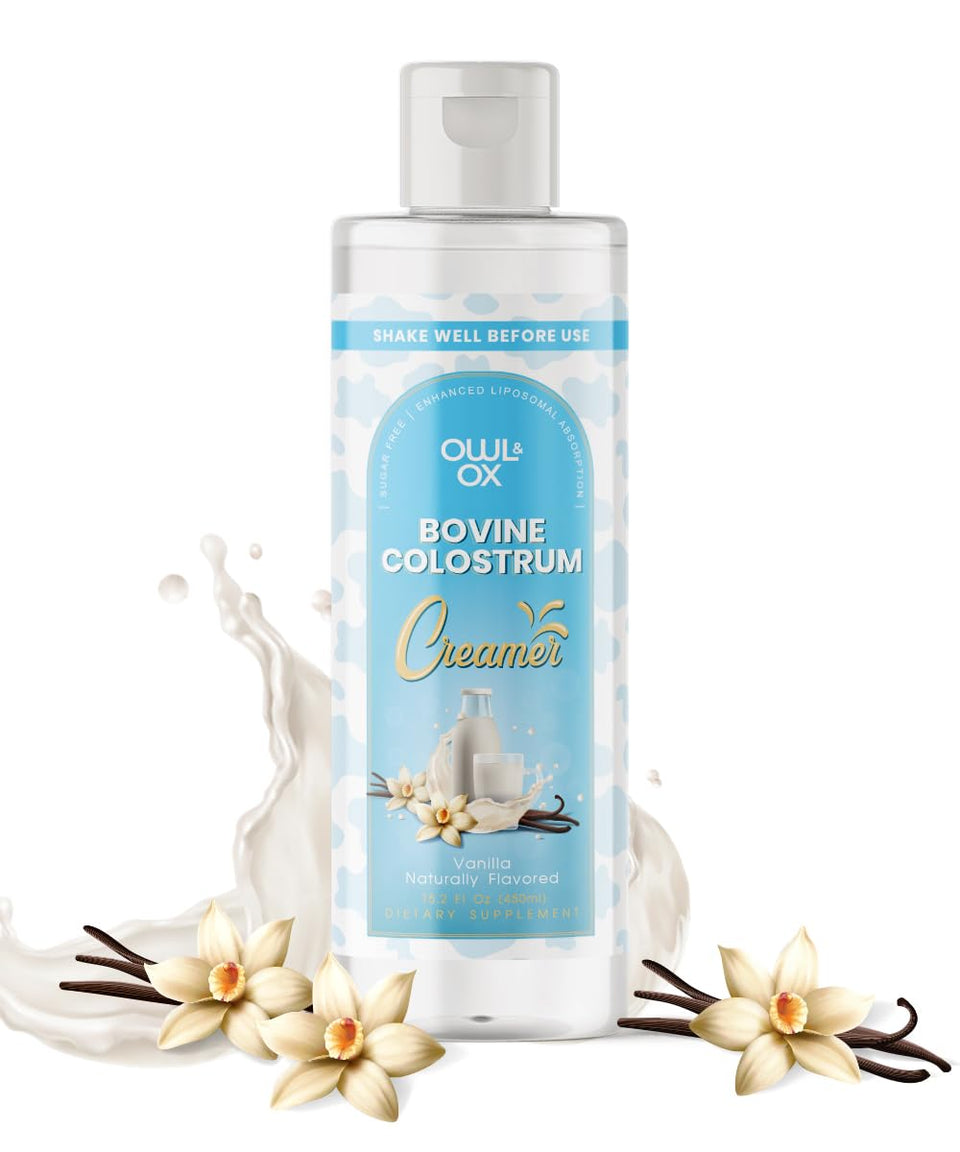 Owl & Ox bovine colostrum liquid vanilla pour in a mug for smooth morning flavor