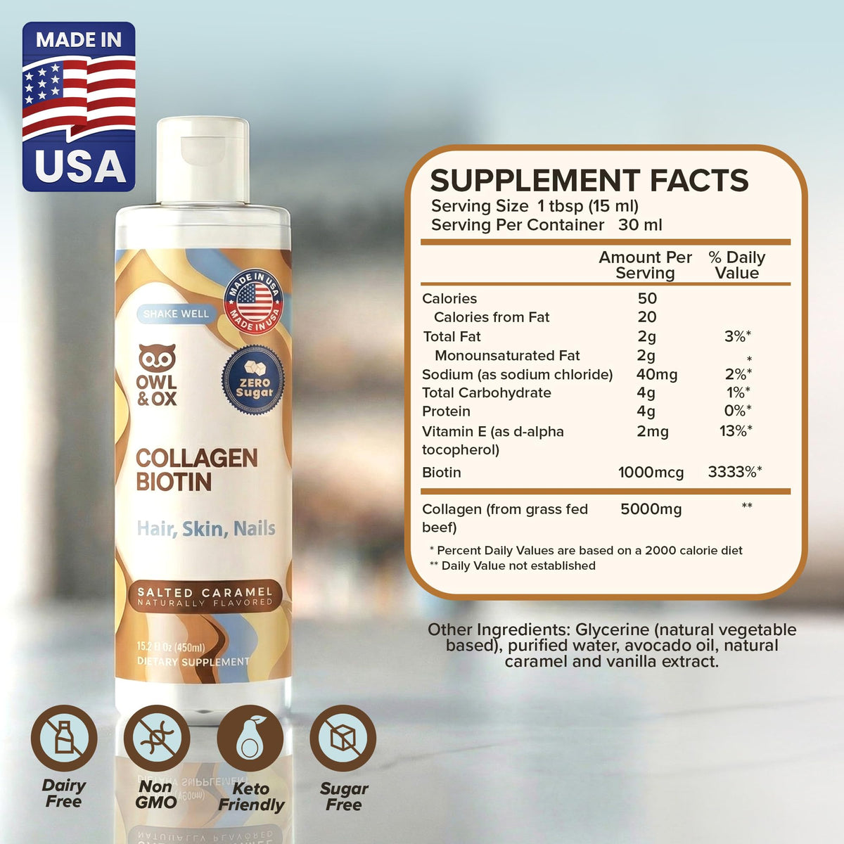 Bottle close-up highlights keto-friendly ingredients in Owl and Ox Creamer.