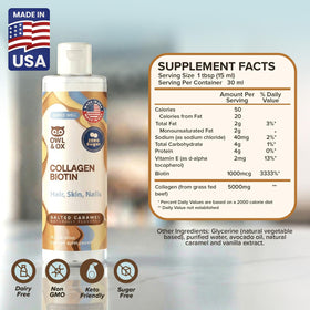 Bottle close-up highlights keto-friendly ingredients in Owl and Ox Creamer.
