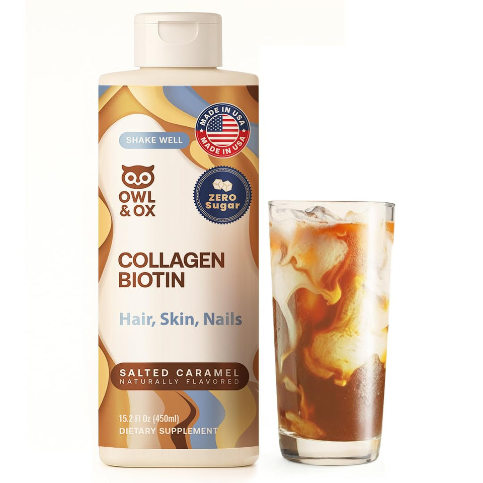 Owl and Ox Collagen Creamer Salted Caramel pour enhances coffee texture.