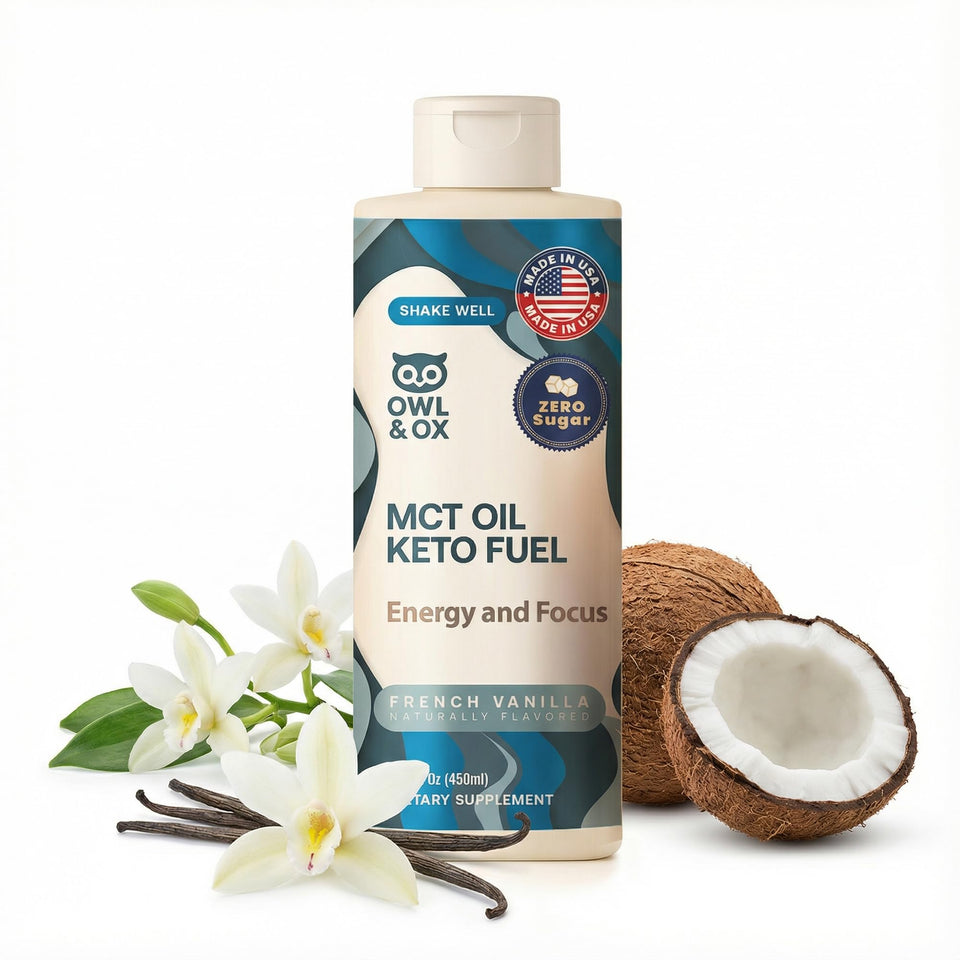 Owl and Ox MCT Oil Coffee Creamer Vanilla bottle highlights dairy-free richness for a smooth cup