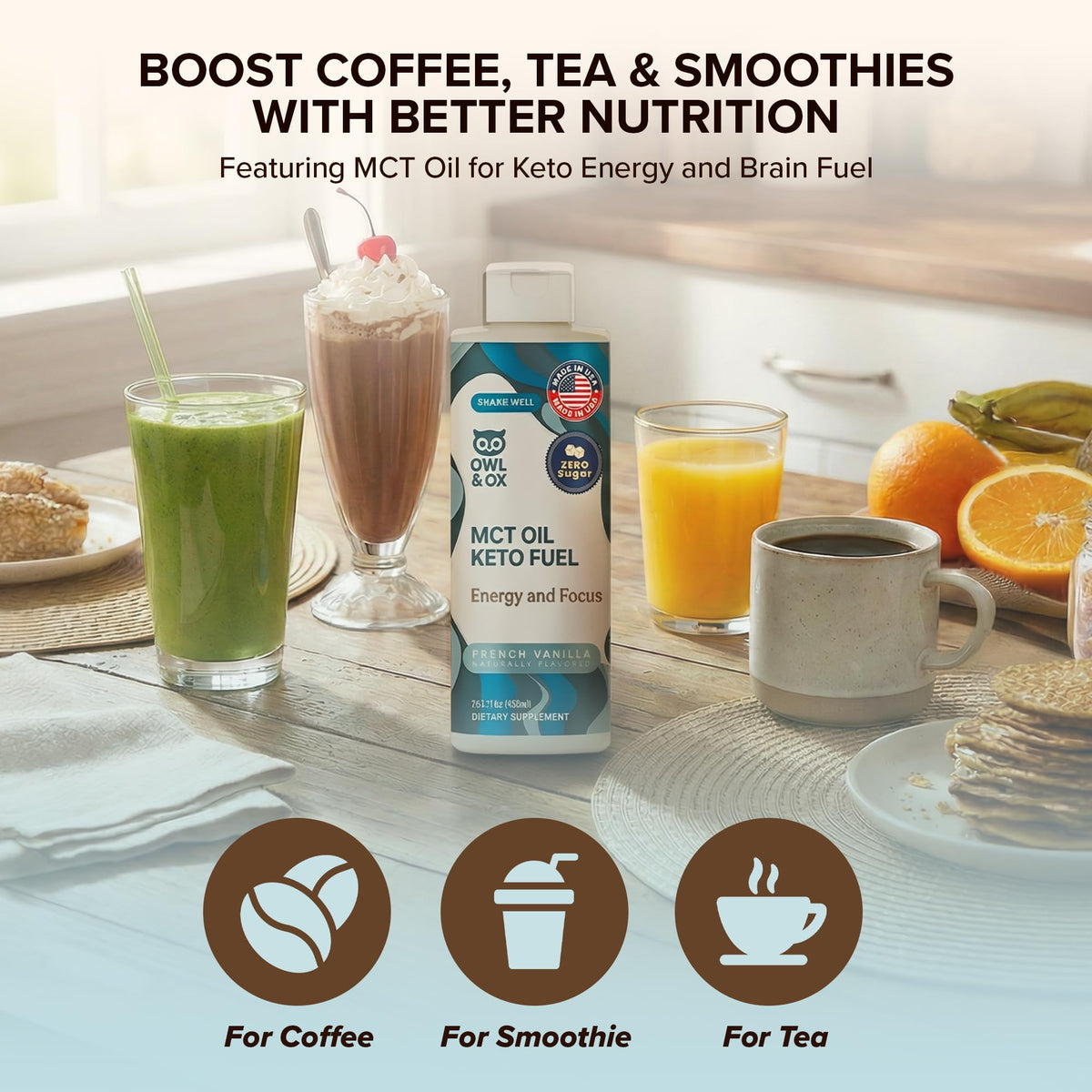 Owl and Ox vanilla MCT creamer in mug shows keto-friendly coffee enhancement