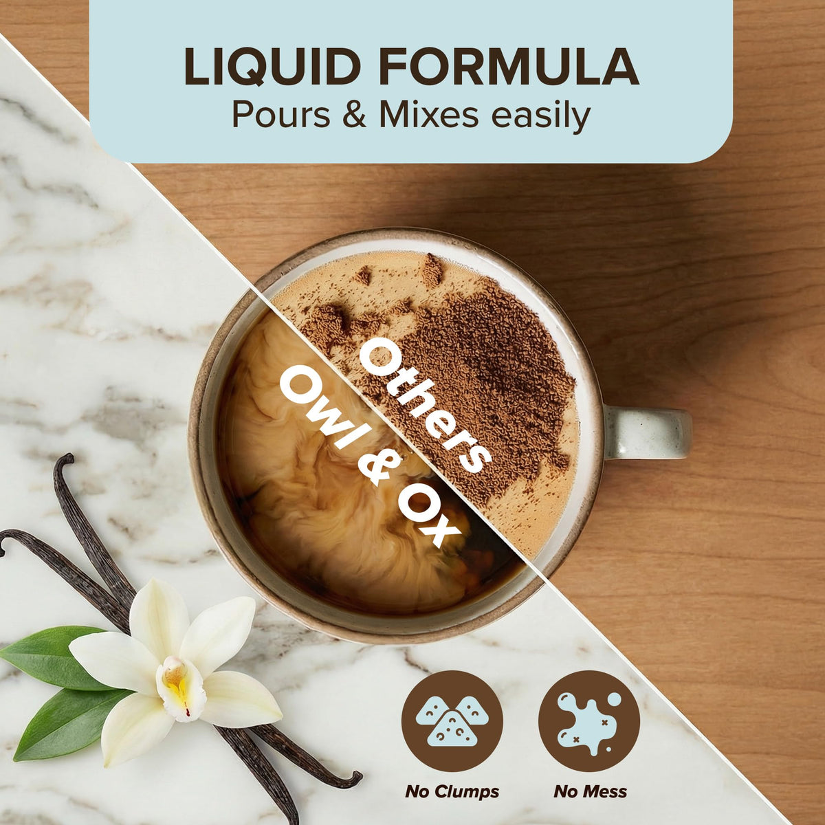 Owl and Ox MCT Creamer ingredients close-up emphasizes natural vanilla and almond components