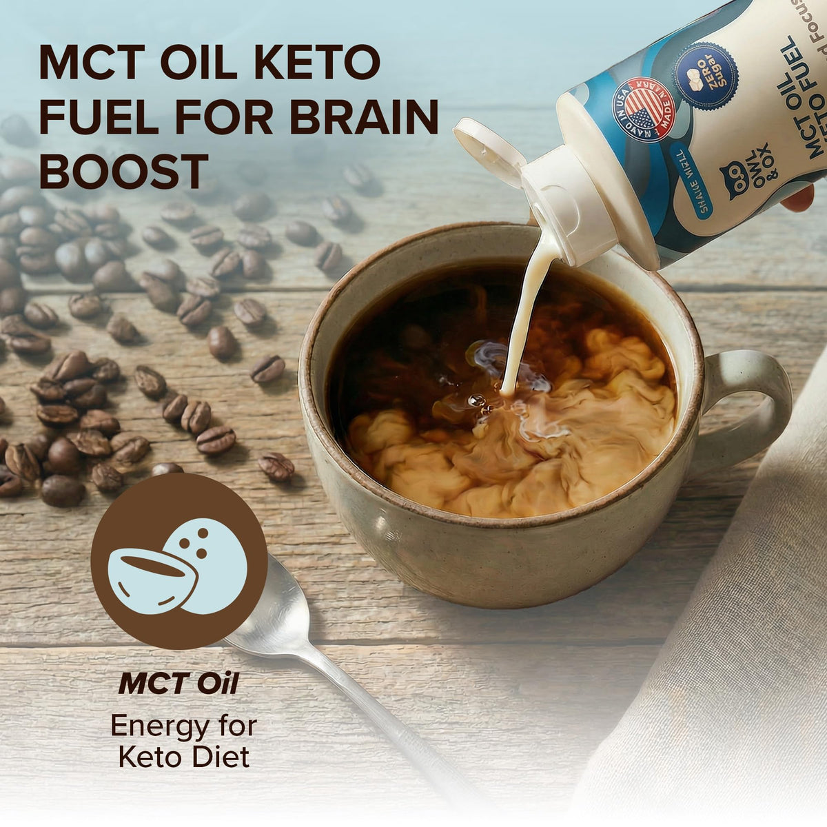 Owl and Ox MCT Oil Creamer Vanilla pour demonstrates mess-free, precise portions in a squeeze bottle