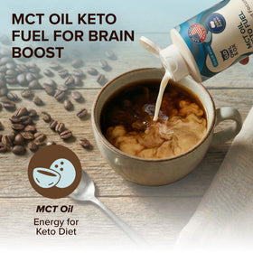 Owl and Ox MCT Oil Creamer Vanilla pour demonstrates mess-free, precise portions in a squeeze bottle