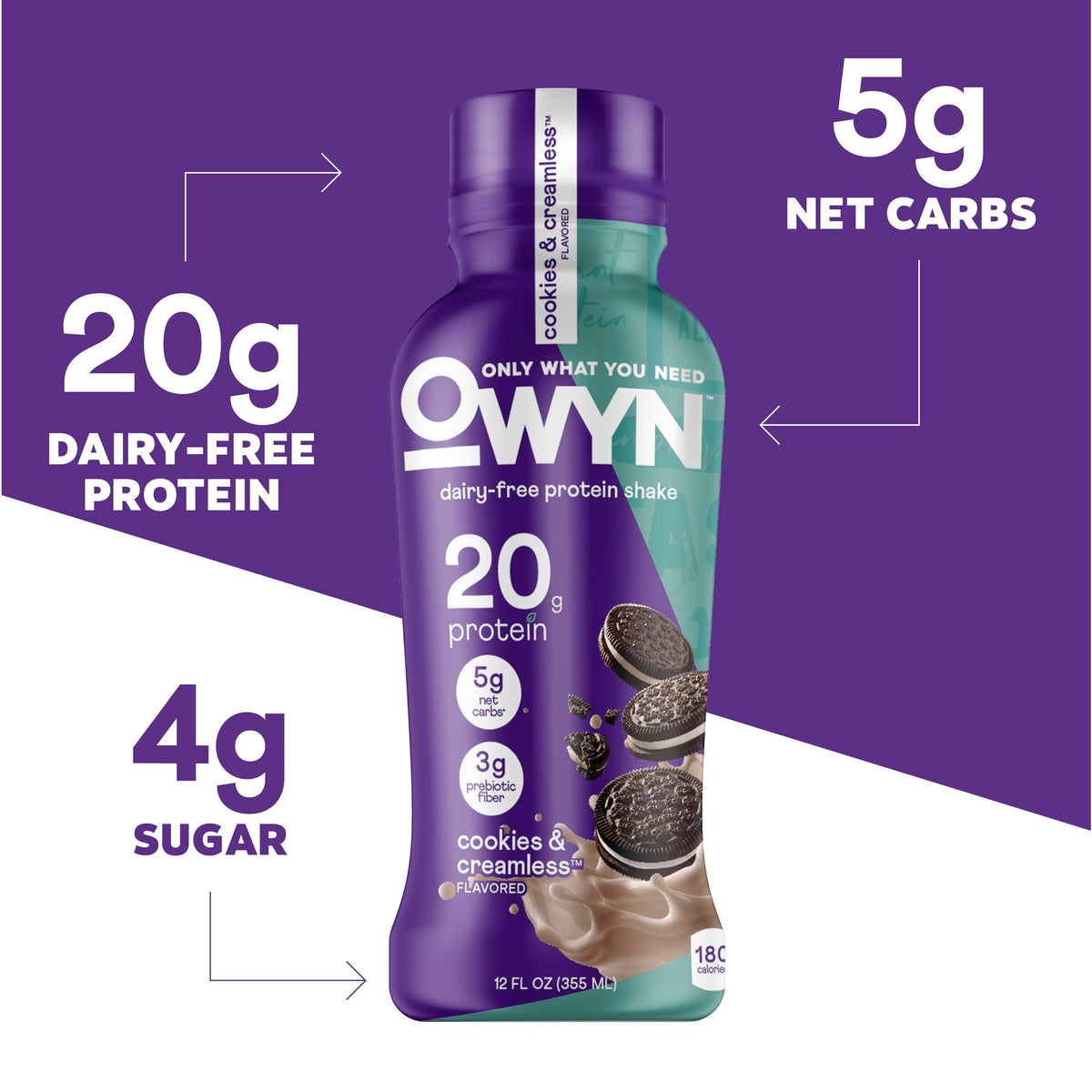 OWYN Cold Brew Coffee flavor bottle suggests dairy-free energy with vegan protein.
