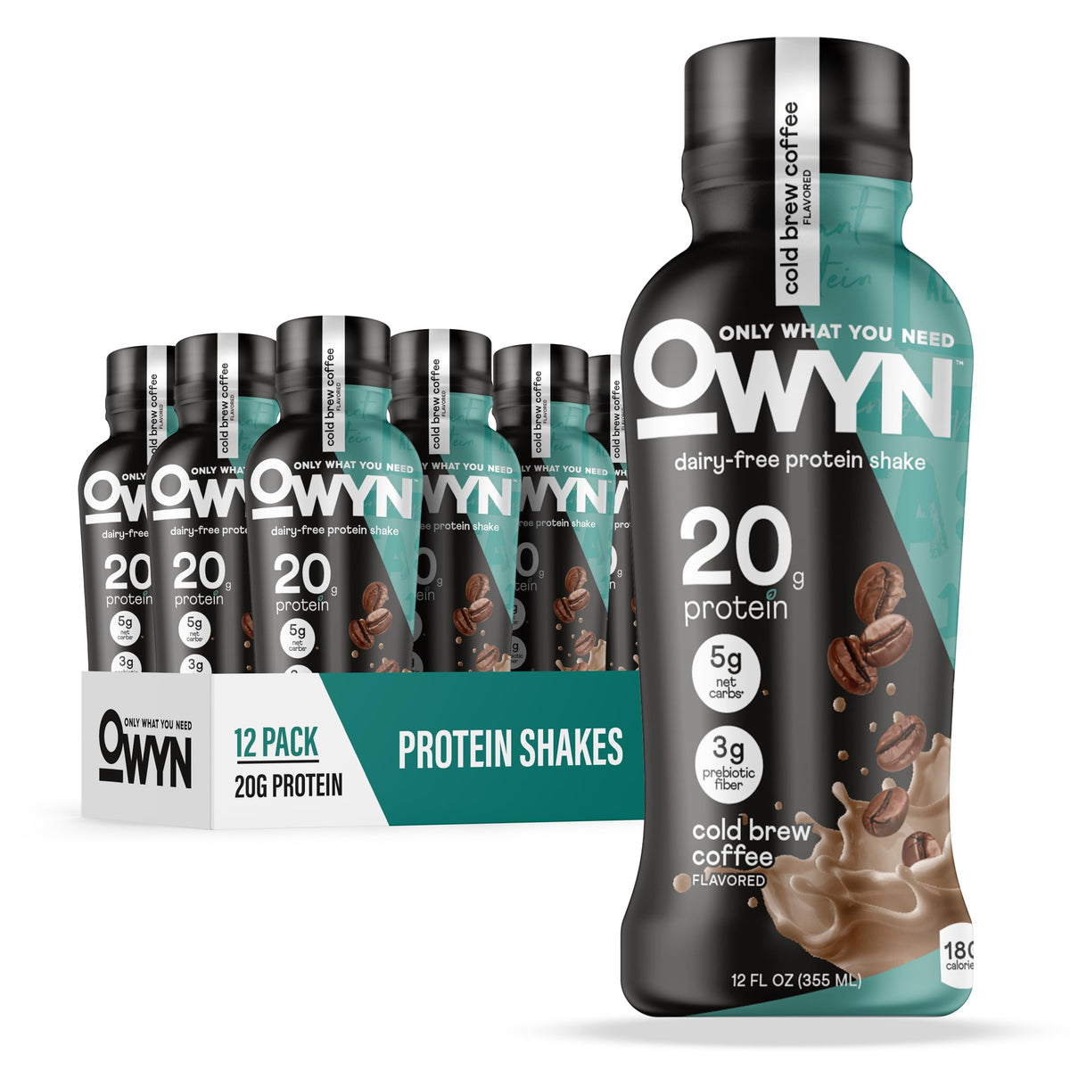 OWYN Cold Brew Coffee Shake bottle shows dairy-free protein for active days