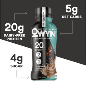 OWYN Cold Brew Coffee Shake pour demonstrates convenient plant-based protein for post-workout recovery