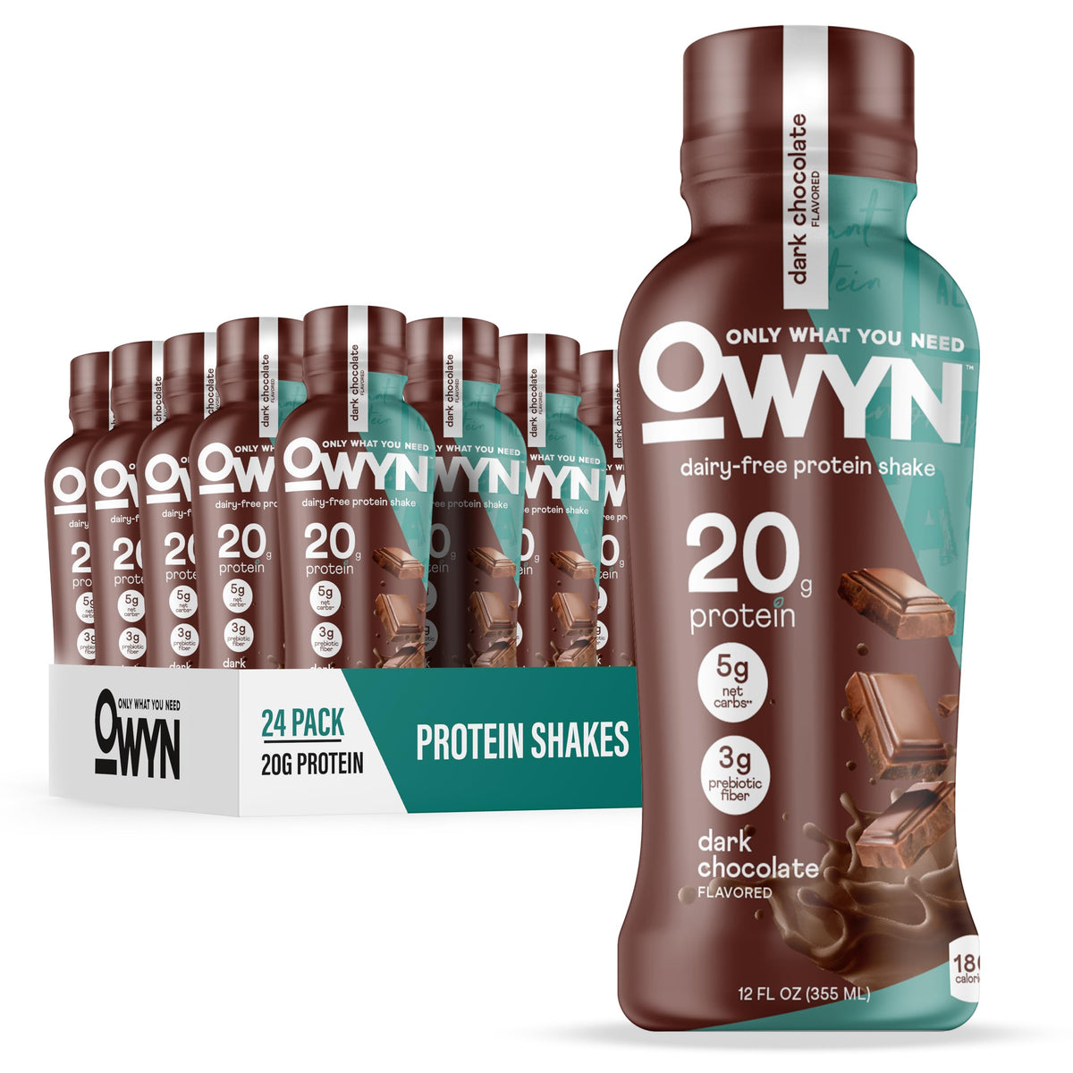 OWYN dark chocolate bottle on counter for on-the-go vegan protein.