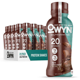 OWYN dark chocolate bottle on counter for on-the-go vegan protein.