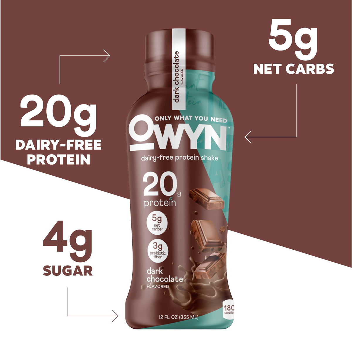 OWYN dark chocolate shake close-up highlights creamy texture for satisfying vegan protein.
