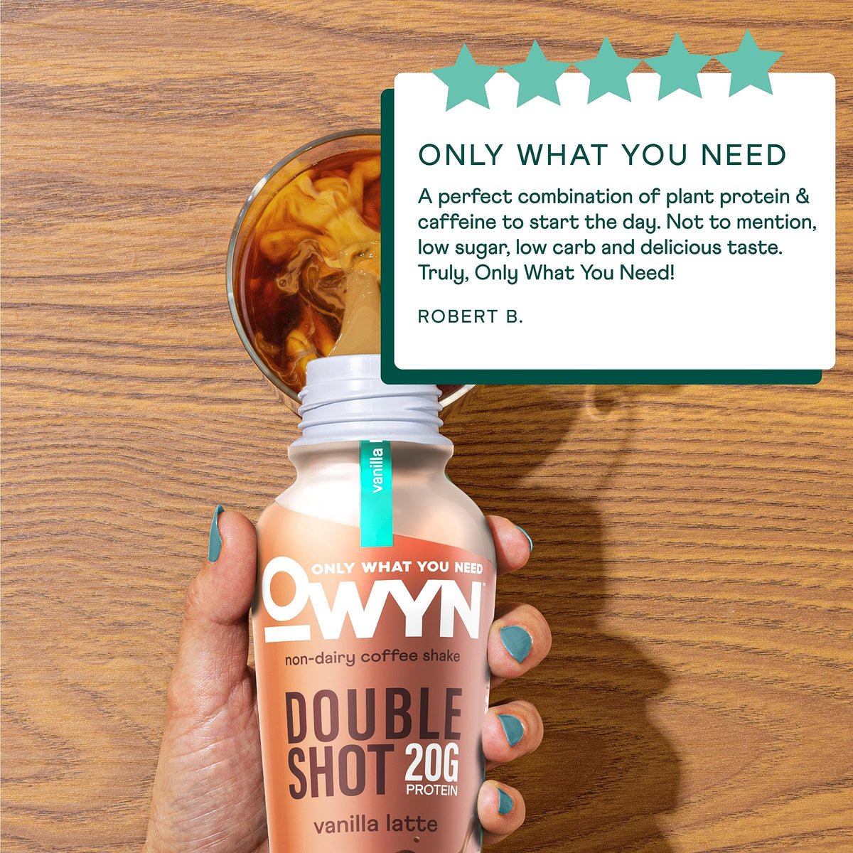 OWYN Double Shot Caramel Macchiato bottle setup ideal for quick energy.