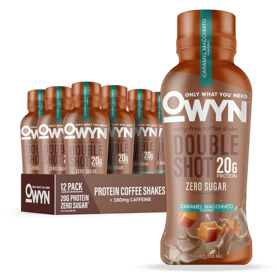 OWYN Double Shot Caramel Macchiato bottle highlights plant-based protein and caffeine boost.