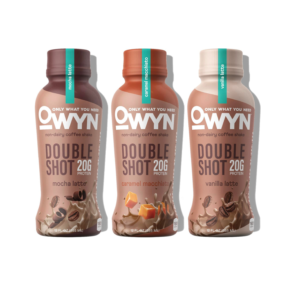 OWYN Double Shot Mocha Latte bottle being poured for a rich caffeine boost on the go.