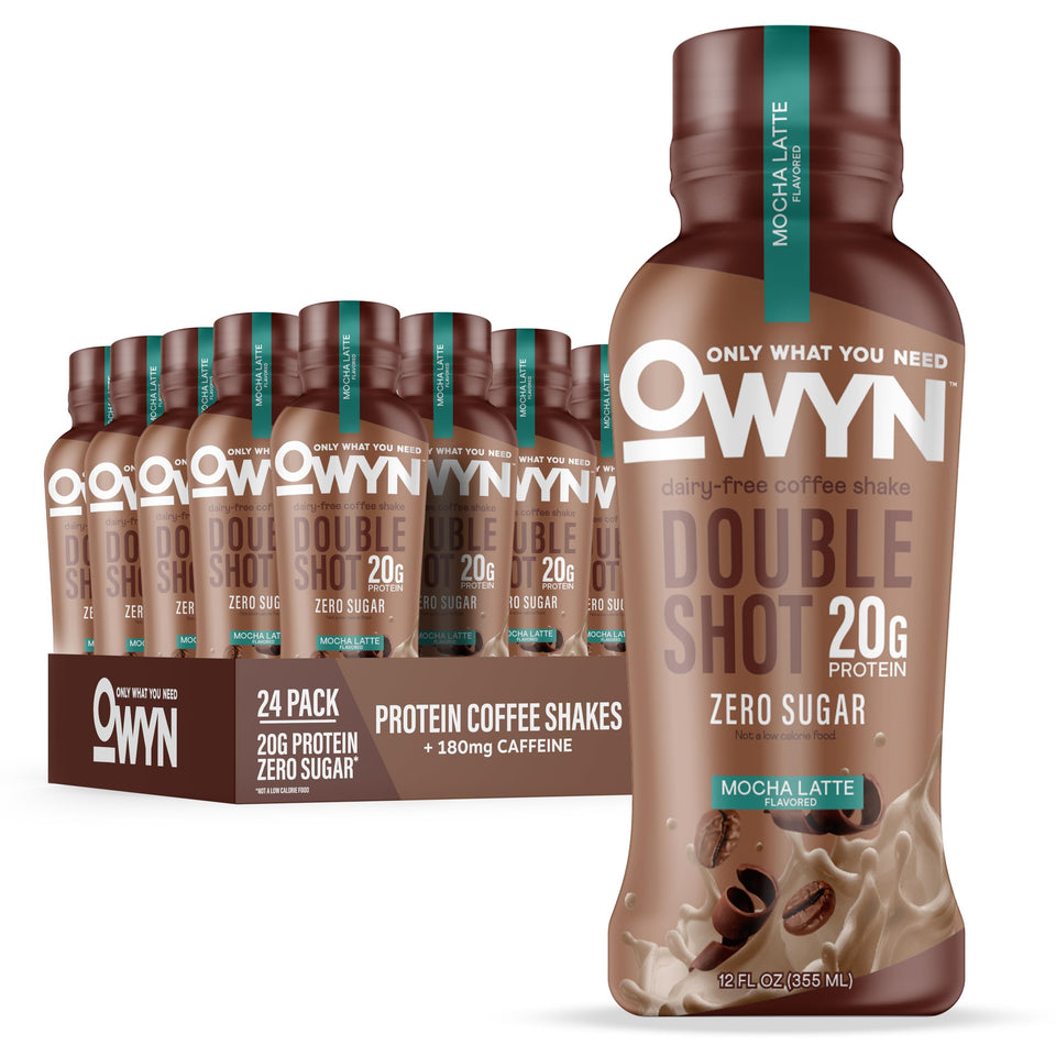 OWYN Double Shot Mocha Latte bottle, dairy-free protein shake for on-the-go energy.