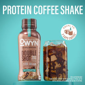 OWYN Double Shot Mocha Latte label highlights allergen-friendly nutrition.