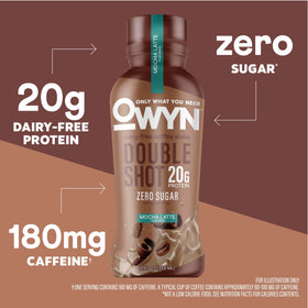 OWYN Double Shot Mocha Latte pour, ready-to-drink caffeine boost between meetings.