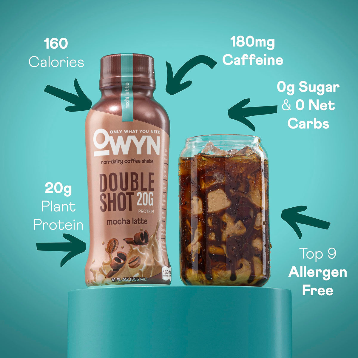 OWYN Double Shot Vanilla Latte bottle label highlighting dairy-free plant protein.