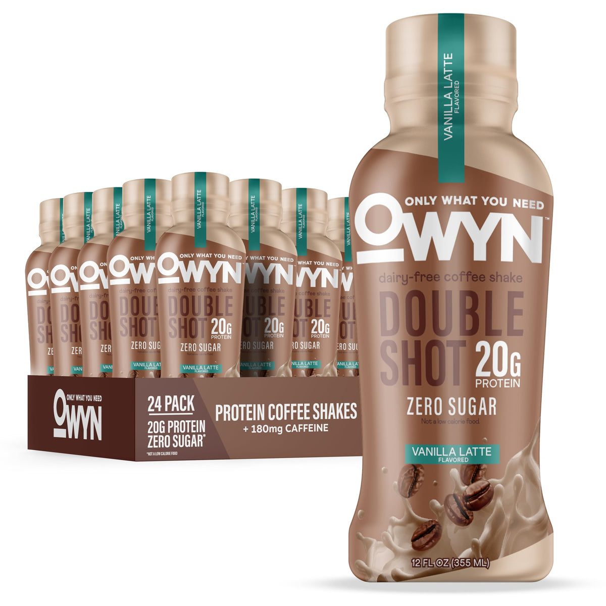 OWYN Double Shot Vanilla Latte bottle showcasing a dairy-free protein shake with caffeine boost on the go