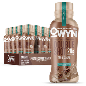 OWYN Double Shot Vanilla Latte bottle showcasing a dairy-free protein shake with caffeine boost on the go