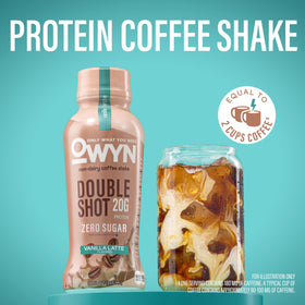 OWYN Double Shot Vanilla Latte bottle close-up shows caffeine-ready, dairy-free nutrition