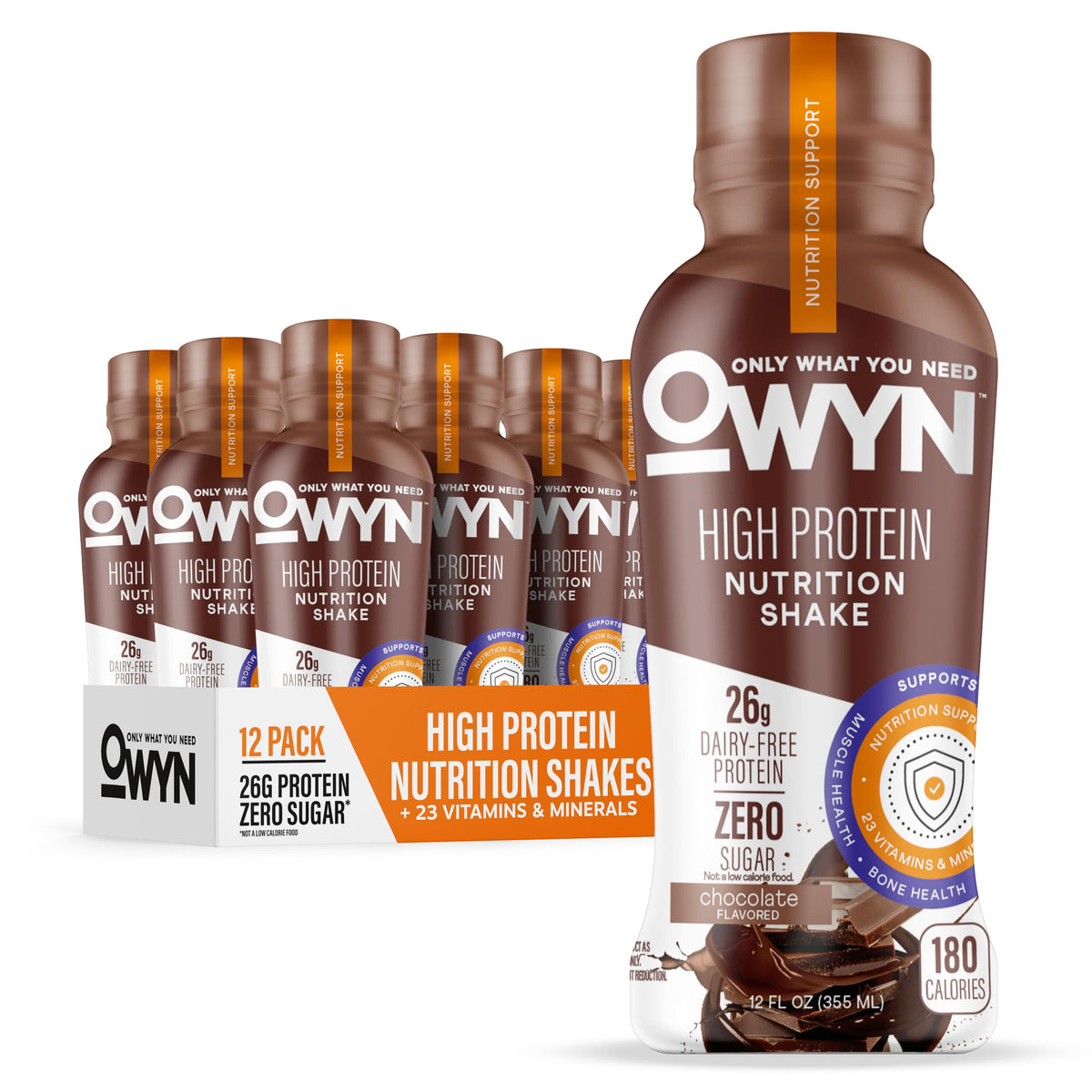 OWYN chocolate high protein shake bottle showing dairy-free plant-based protein for on-the-go fueling