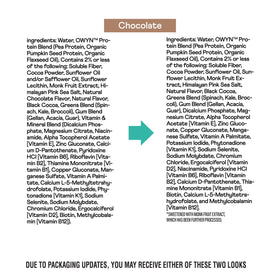 OWYN chocolate shake packaging emphasizing dairy-free and allergen-friendly formula