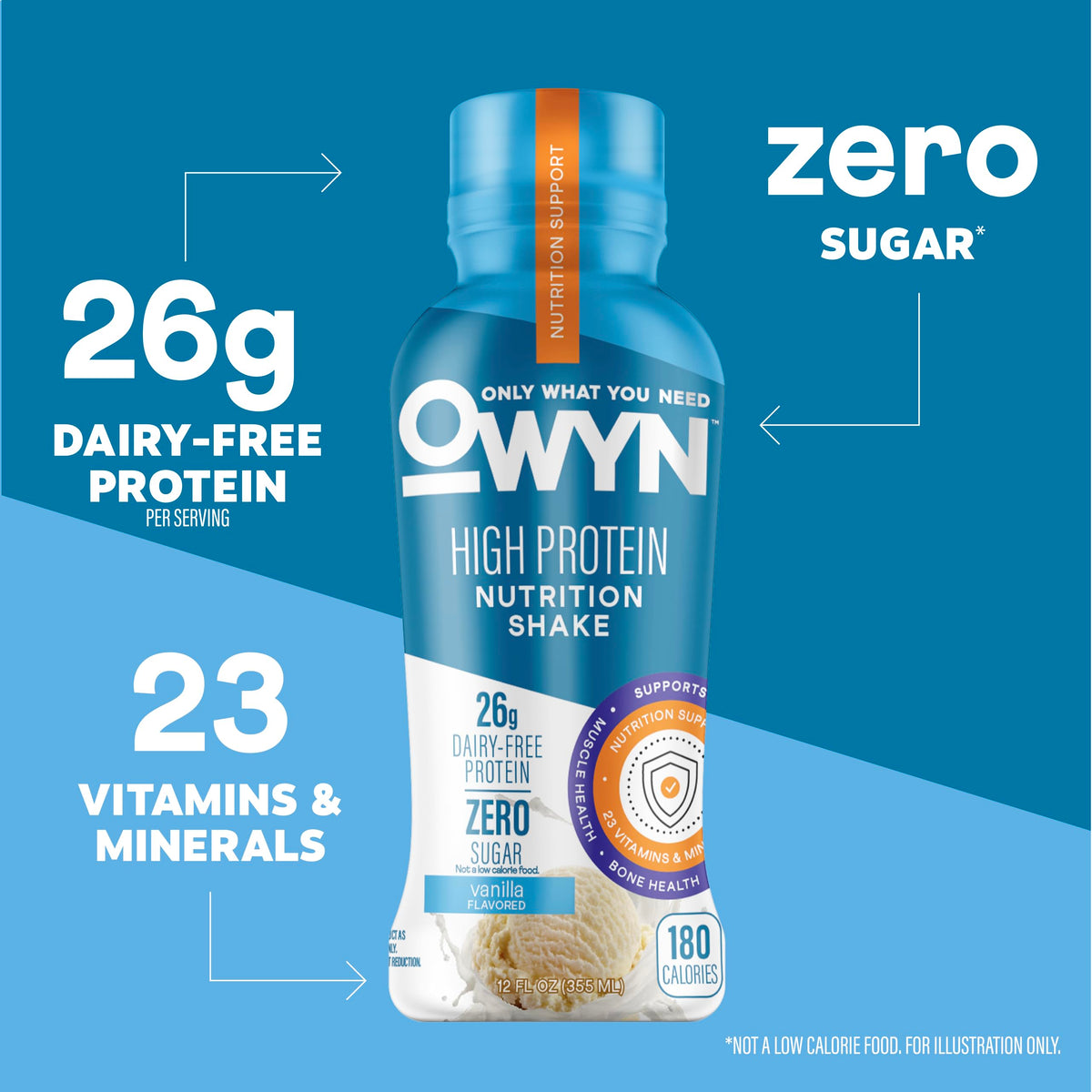 OWYN Vanilla shake poured over ice for smooth plant-based nourishment.