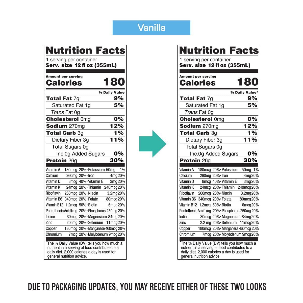 OWYN Vanilla nutrition panel shows 26g protein and 0g sugar.