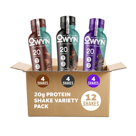 OWYN Only What You Need Variety Pack box front shows dairy-free, plant-based protein options.