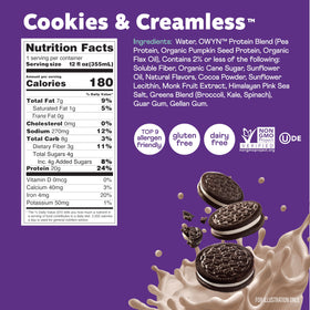 OWYN plant-based protein shake poured into glass with crisp flavor and creamy texture.