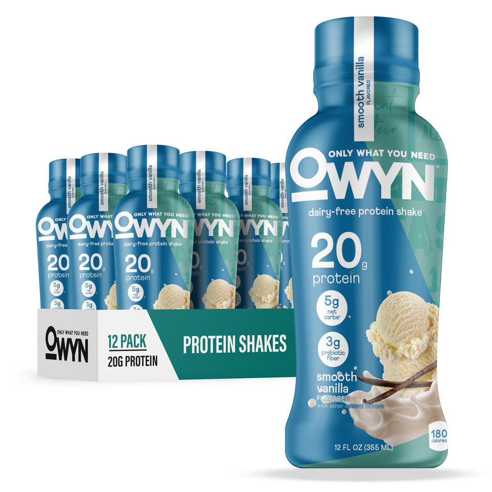 OWYN Smooth Vanilla bottle front view for a clean plant-based protein option.