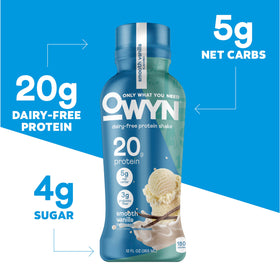 Pouring OWYN Smooth Vanilla into a glass for a protein-rich post-workout shake.