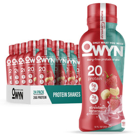 OWYN Strawberry Banana shake bottle, dairy-free plant protein for active days.