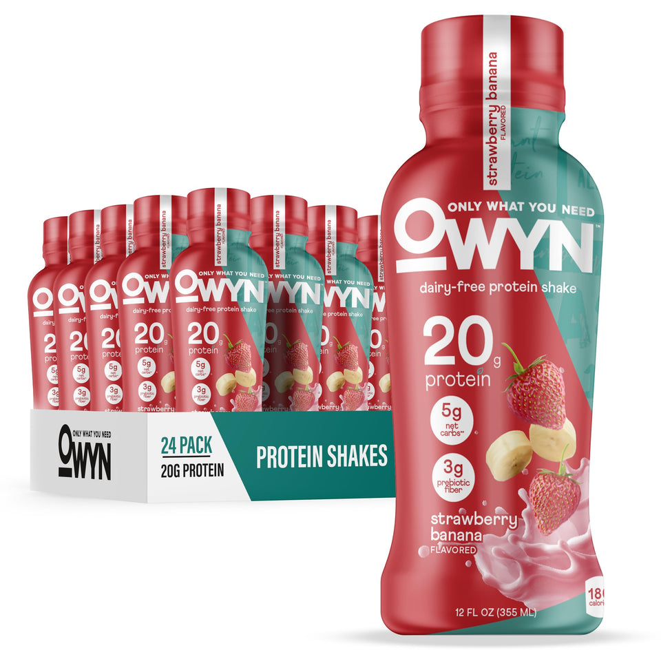 OWYN Strawberry Banana shake bottle, dairy-free plant protein for active days.